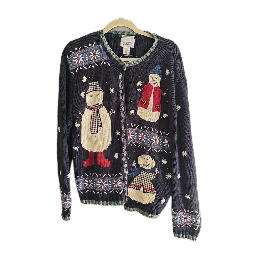 Christopher & Banks Black Embroidered Snowman Cardigan Sweater Womans Size Large